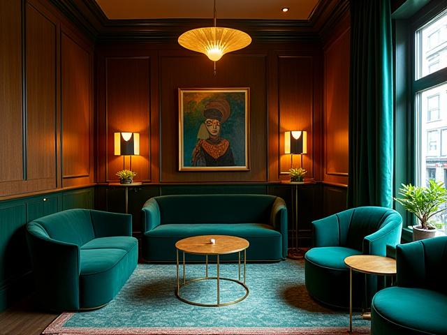 Stylish lounge area of a boutique hotel in London designed by Bayleaf Beam.